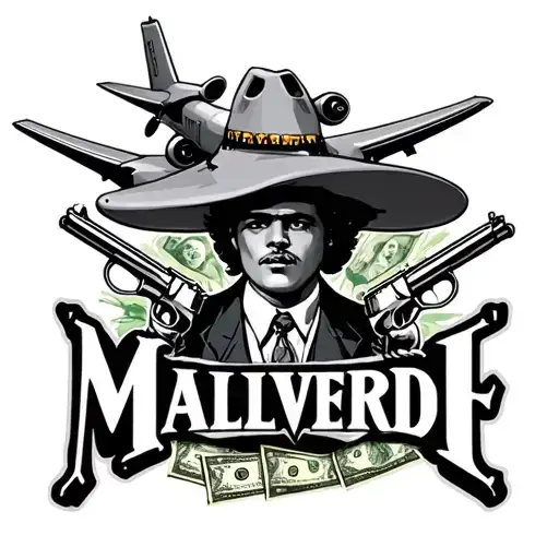 The Name Malverde In Bandito Font And Airplane Coming Out The Name With Guns And Money And Sombreo