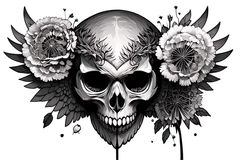 Chest Tattoo Skull With Owl Wings And Flowers Dandelion
