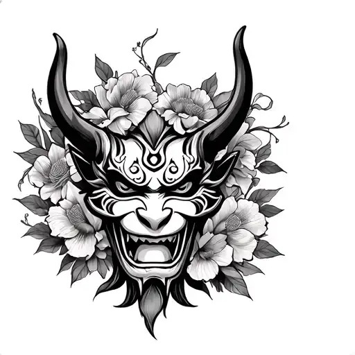 Oni Demon Mask Surrounded By Flowers