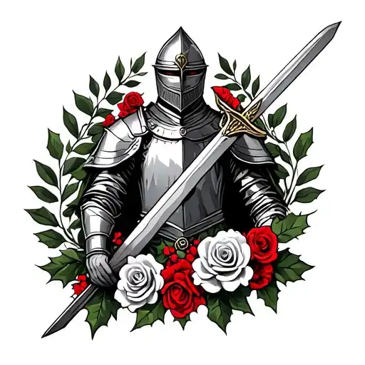 Knight Holding Sword Surrounded By Laurel And Holly And Roses