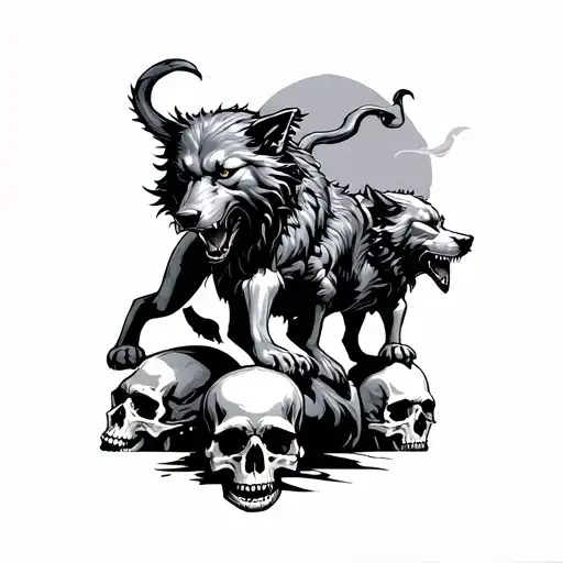 Aggressive Cerberus Walking On Skulls