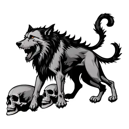 Aggressive Cerberus Walking On Skulls