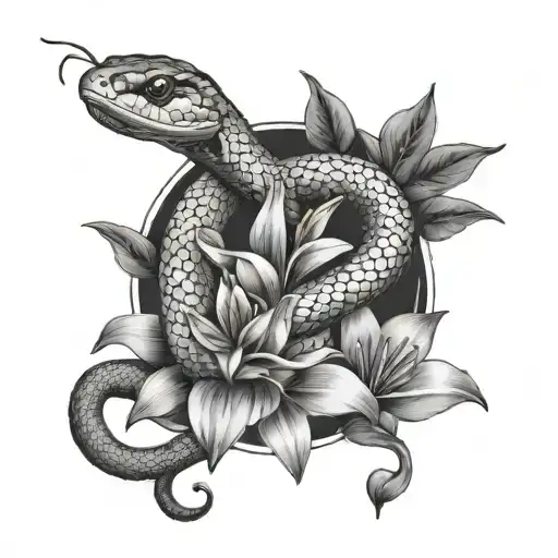 Snake Surrounded With Lillys Blossoming