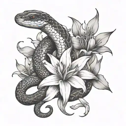 Snake Surrounded With Lillys Blossoming