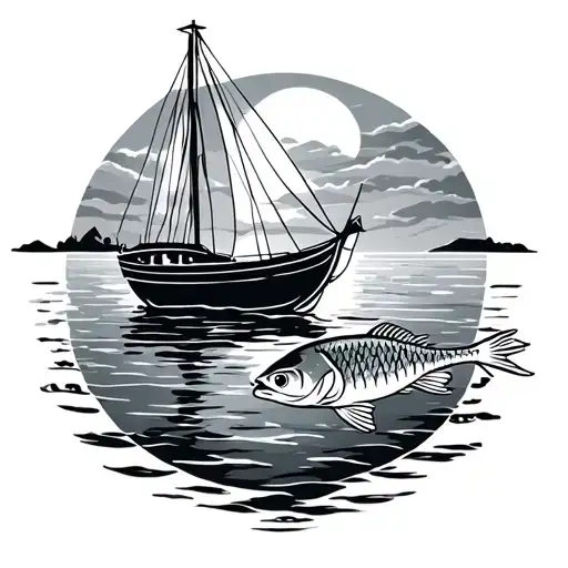 Mediterranean Tattoo With A Boat On The Water With A Fine Sun And A Fine Online Fish