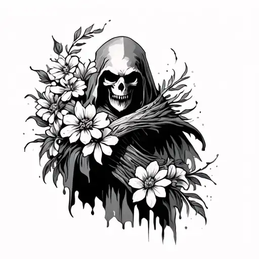 Reaper With Flowers Coming Out Of Him Symbolizing Life And Death
