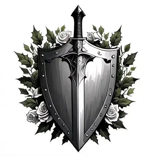 Knight Sword Shield Surrounded By Laurel And Holly And Roses