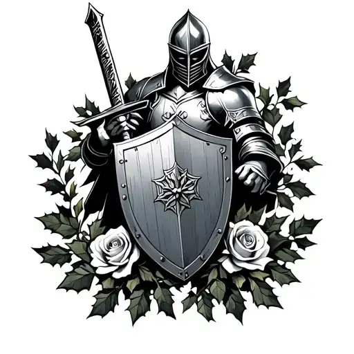 Knight Fighting With Sword And Shield Surrounded By Laurel And Holly And Roses