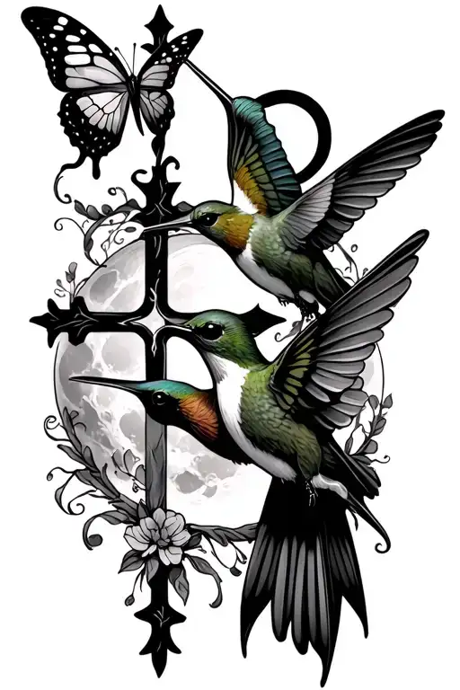 Humming Bird With A Butterfly And A Cross And A Full Moon