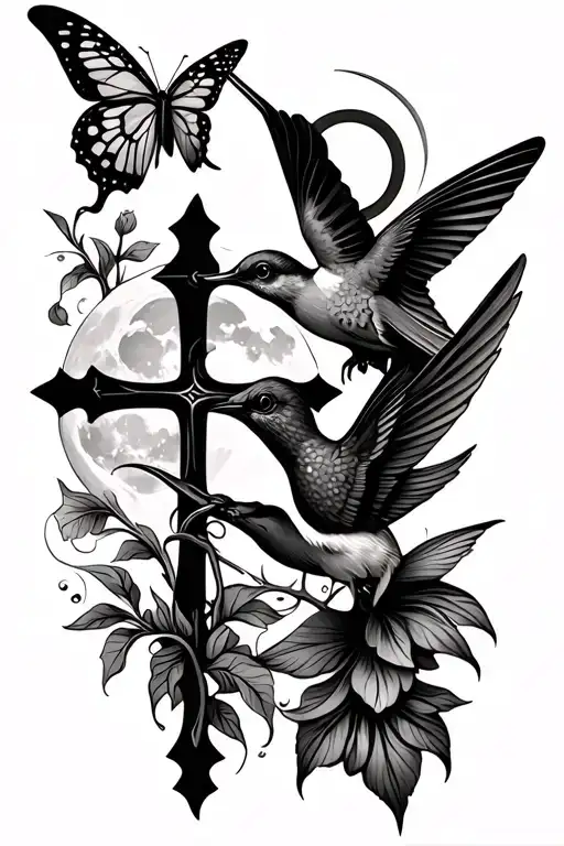 Humming Bird With A Butterfly And A Cross And A Full Moon