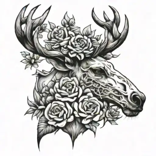 Stag Skull Flowers Coming Off One Of Eyes