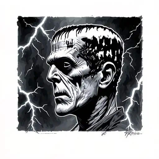 Frankenstein Head Profile With Lightning Behind It