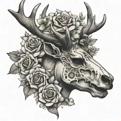 Stag Skull With Flowers Coming Off The Left Eye Inside
