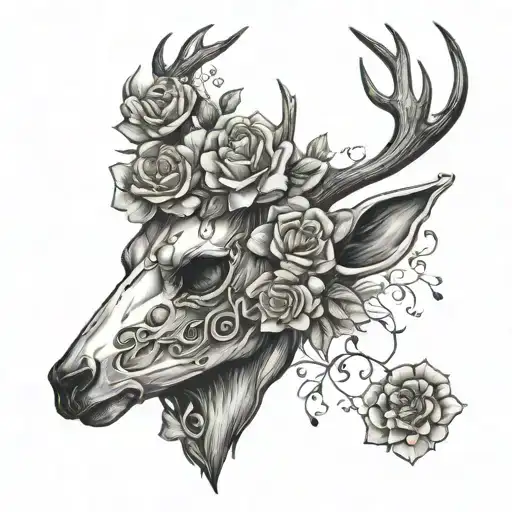 Forward Facing Stag Skull With Flowers Coming Off The Left Eye Inside