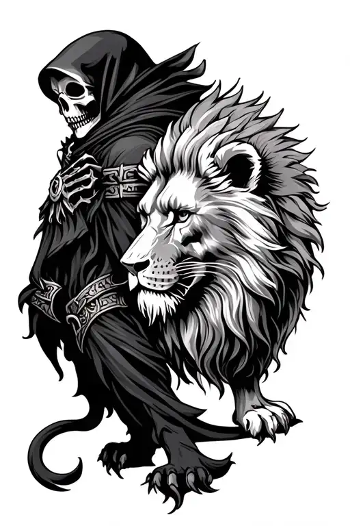 Grim Reaper And Lion Back To Back
