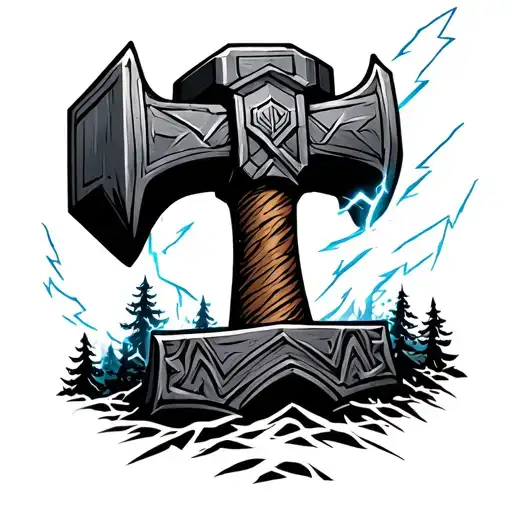 Mjolnir Hammer Down In A Forest With Lightning Striking The Handle During Nighttime With A Full Moon