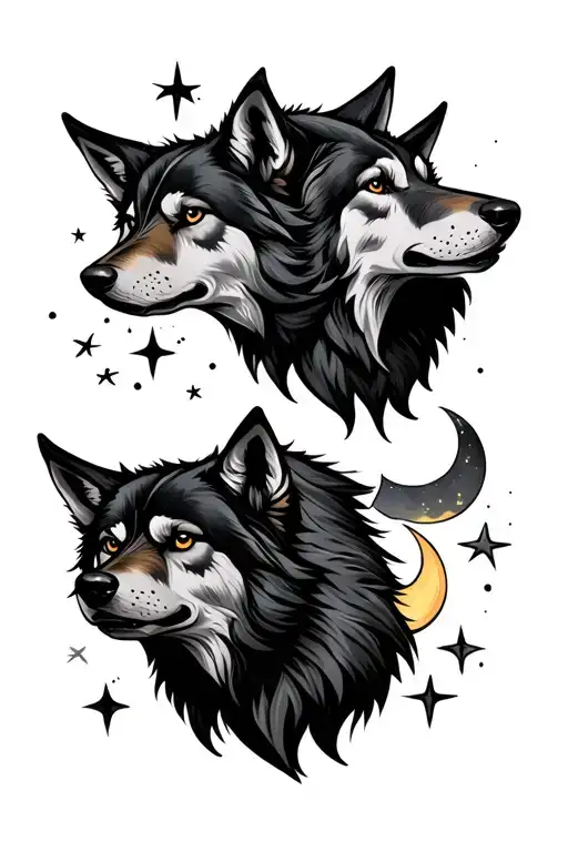 2 Wolf Heads With A Cresent Moon And Stars