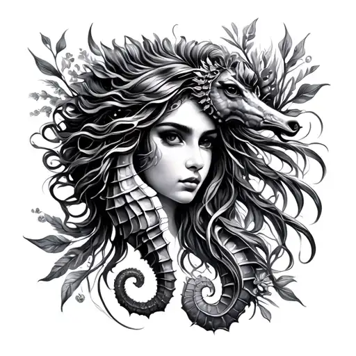 Neo Traditional Lady Face Seahorse