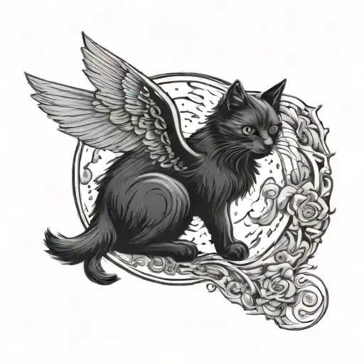 Fluffy Black Cat On Moon With Wings