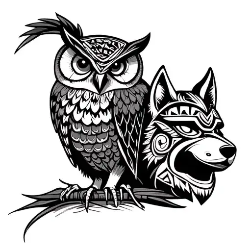 Black Ink Inca Inspired Simple Tattoo Of Owl And Wolf And Tiki Mask Totem
