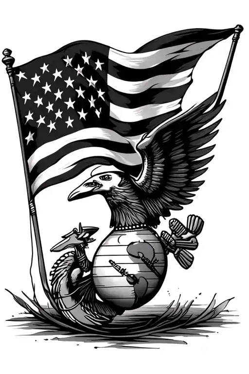 Flowing Tattered American And Marine Corps Flag Combo