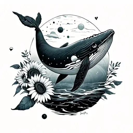 Whale With Sunflowers Tattooed Swimming In Planets