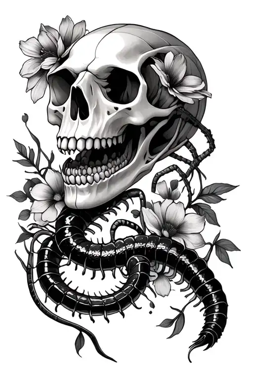 An Animal Skull With A Snake Or Centipede In It And Dark Media Flowers Around It