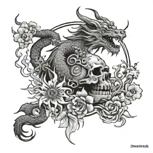 Chinese Style Dragon Flowers Skulls Moon Stars Lighthouse