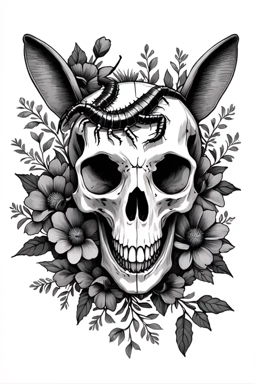 An Animal Skull With A Centipede In It And Dark Media Flowers Around It
