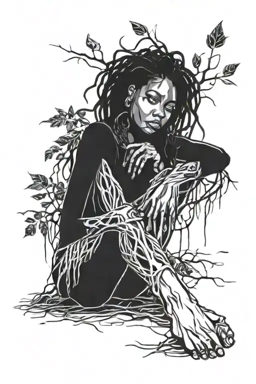 Black Woman Sitting With Tree Roots At Feet And Locs As Leaves And Branches