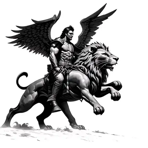 A Spartan Warrior Riding A Lion He Has An Angel Wing And The Other A Demon Wing