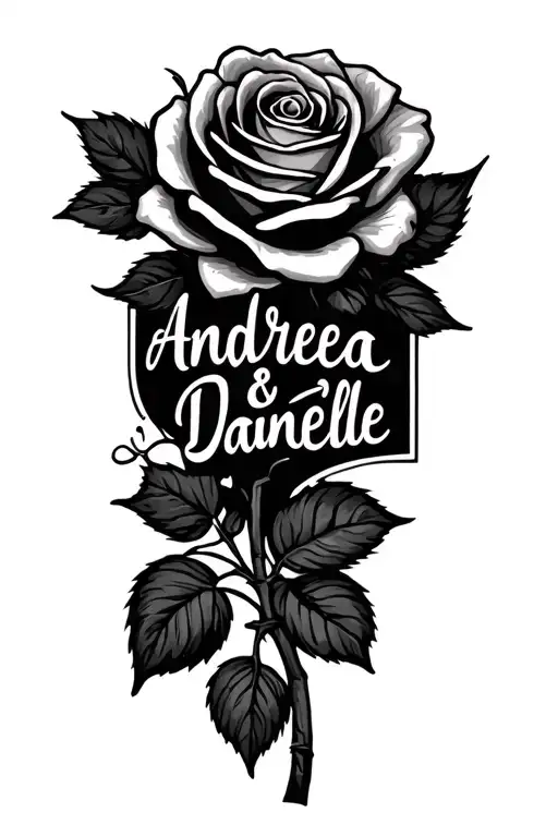 Rose With Leaves Saying Andrea And Danielle In Cursive