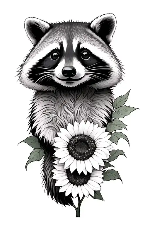 Raccoon And Sunflower Blooming