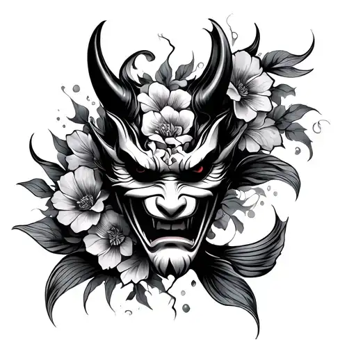 Oni Hannya Mask Broken With Flowers And Koi Fish Swimming