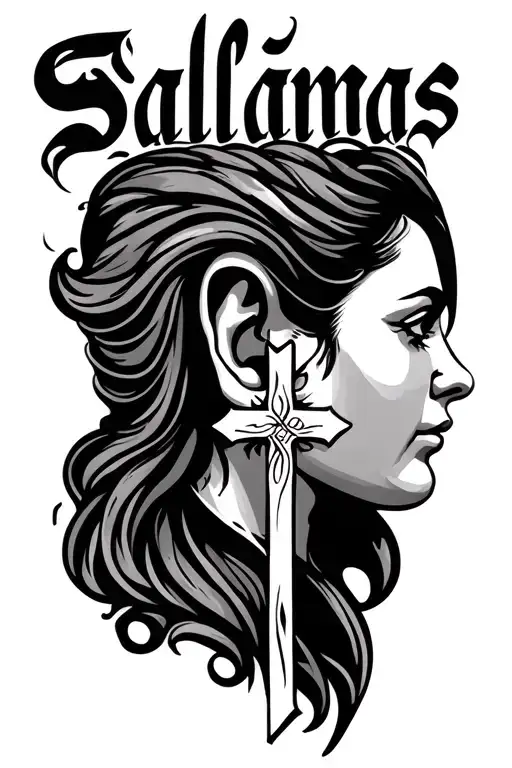 Salinas Last Name Behind The Ear With A Cross Going Through It The Tattoo Is Vertical