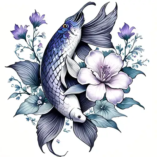 Koi Fish And Violet Flower Intertwined On The Spine