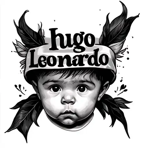 Baby Face Side View With Baby's Name Hugo-leonardo Vertical In Script