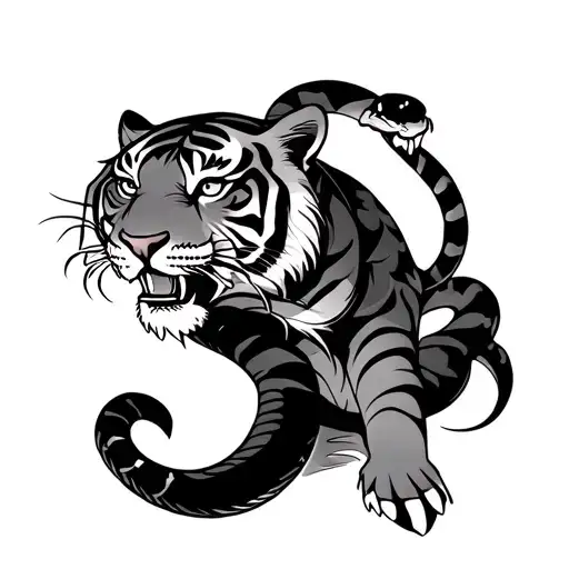 Japan Tiger On Chest Bite Snake To Shoulder