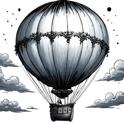 Black And Gray Whimsical Hot Air Balloon In The Style Of Tim Burton