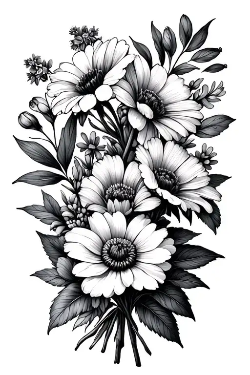 March February June Birth Flowers Bouqet Tied Fine Line Simple No Shading