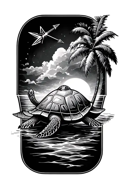 Ohana Paired With Sagittarius Arrow And Hawaiian Turtle With A Palm Tree On The Top Of The Shell