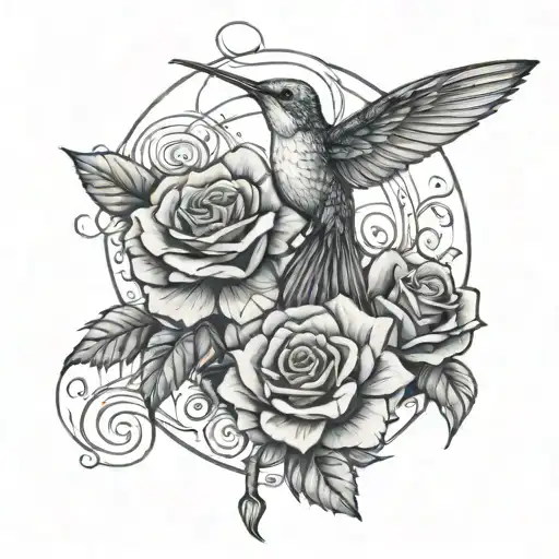 Humming Bird Perched On Rose Intertwined