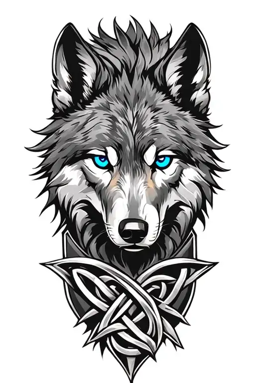Wolf With Blue Eyes On Armor Tattoo Design Featuring Celtic Trinity Knot