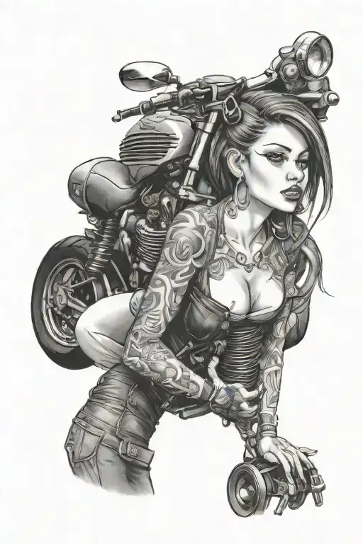 Tattooed Girl Peeking Here Head Around A Vtwin Motorcycle Engine