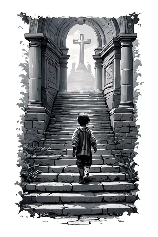 Child Walking Up On Stone Stairs To Heaven Gates