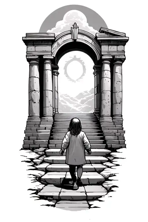 Child Walking Up On Stone Stairs To Heaven Gates