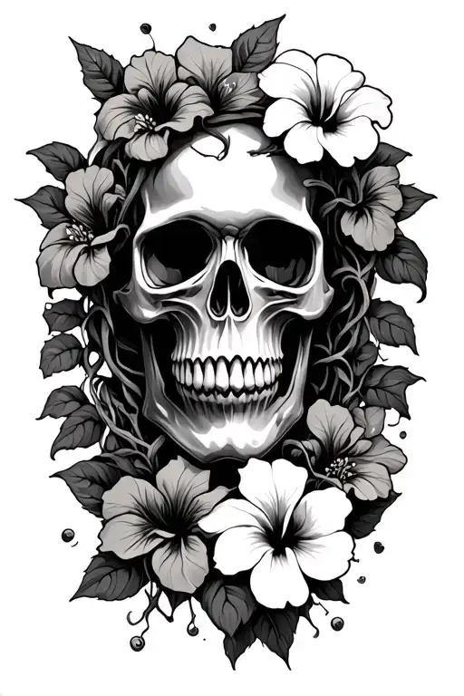Skull With Vines Around And Hibiscus Flowers