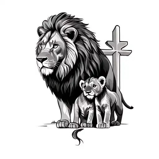 Lion And 2 Cubs With Cross