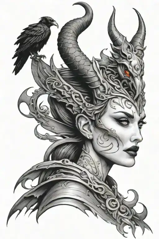 Maleficent With Crow And Dragon