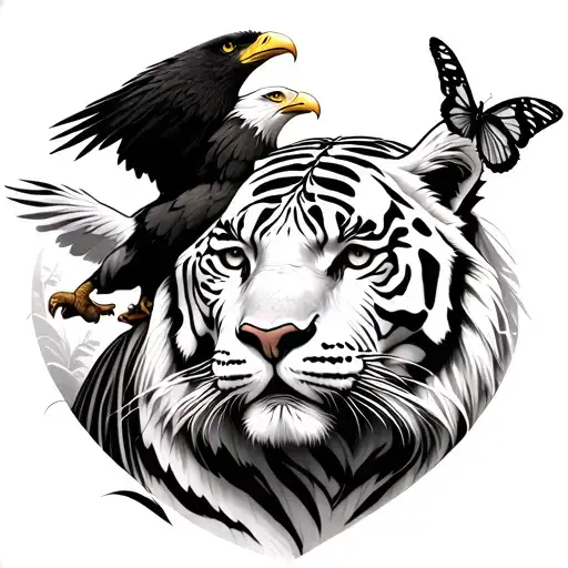 White Tiger With Bald Eagle And A Butterfly